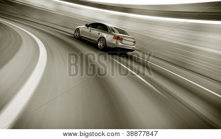 rendering 3D di una vettura brandless generica del mio disegno in un tunnel con moto pesante sfocatura