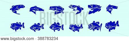 Set Of Bass Fish Cartoon Icon Design Template With Various Models. Vector Illustration Isolated On B