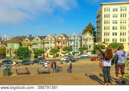 San Francisco, California, United States - August 17, 2016:the Painted Ladies, Colorful Victorian Ho