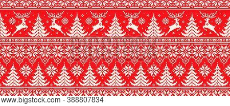 Christmas Pixel Pattern With Reindeers. Traditional Nordic Seamless Striped Ornament. Scheme For Kni