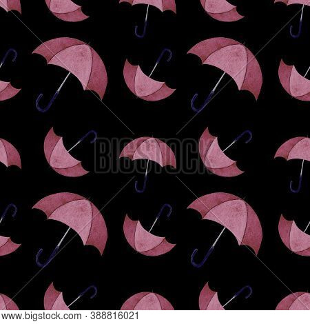 Seamless Pattern With Umbellas On Black Background. Watercolor Illustration