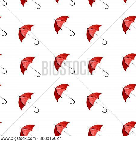 Seamless Pattern With Red Umbellas On White Background. Watercolor Illustration