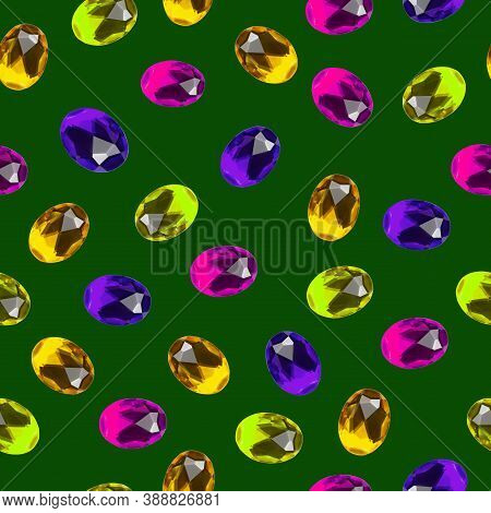 Seamless Pattern. Multi-colored Faceted Stones On A Dark Green Background.
