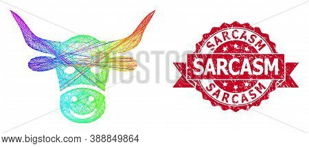 Spectrum Colored Wire Frame Smiled Cow Head, And Sarcasm Grunge Ribbon Seal Print. Red Stamp Seal Co