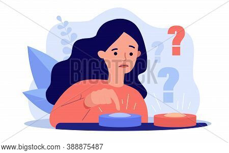 Puzzled Woman Choosing Between Two Buttons And Pushing Blue One. Vector Illustration For Difficult C