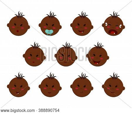Vector Set Of Heads Of A Dark-skinned Boy With Different Facial Expressions And Moods. Chubby Emoji 
