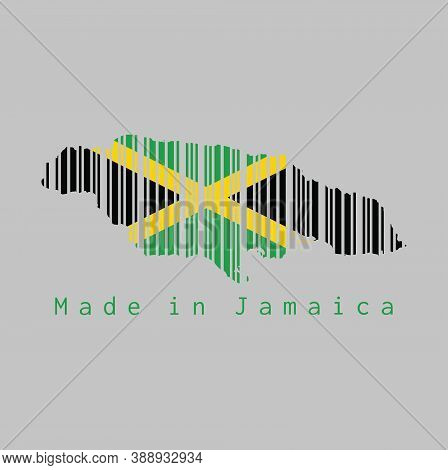 Barcode Set The Shape To Jamaica Map Outline And The Color Of Jamaica Flag On Grey Background, Text: