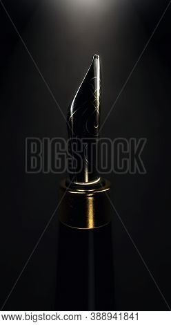 A Closeup View Of  The Tip Of An Ornate Modern Fountain Pen Crafted With Gold And Silver On A Dark S