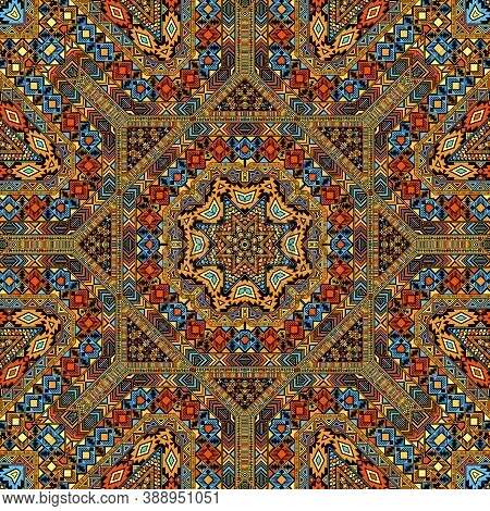 Folk Seamless Ornament Of Simple Geometry Shapes Composition. Ethnic Traditional Design. Mosaic Prin