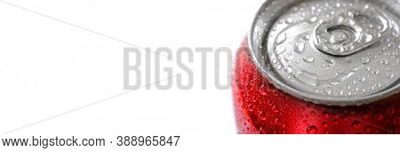 Fresh can of soda pop soft drink with water drops chilled and refreshing