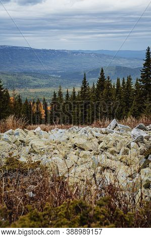 Large Kurum Stones Lie In The Autumn Forest In The Mountains, Stones Covered With Moss On The Backgr