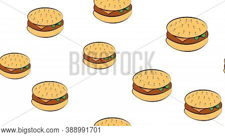 Appetizing Burgers On A White Background, Vector Illustration. Pattern With Bright, Colorful Burgers