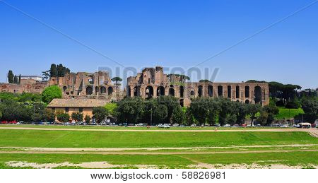 Ruins of Circus Maximus and the Domus Augustana on Palatine Hill in Rome, Italy