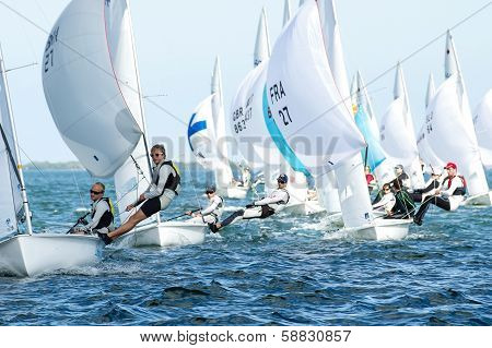 The 470 Fleet Approaches the Leeward Mark At The 2014 North American Championships.