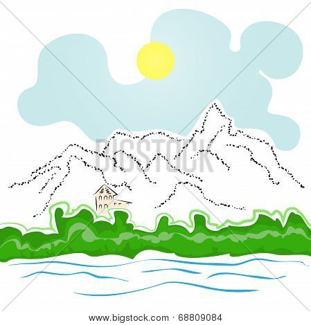 house by the river and mountains