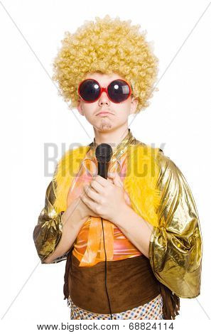 Man with afrocut and mic isolated on white