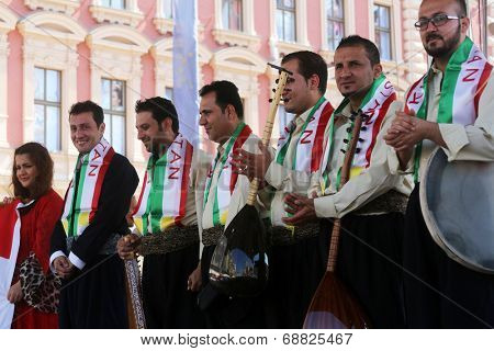ZAGREB, CROATIA - JULY 18: Members of folk group Payiz from Sulaimaniya, Kurdistan, Iraq during the 48th International Folklore Festival in center of Zagreb, Croatia on July 18, 2014