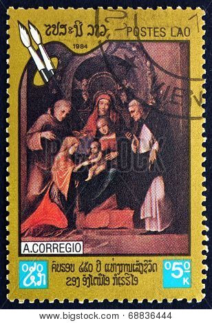 Postage Stamp Laos 1984 Madonna And Child, By Correggio