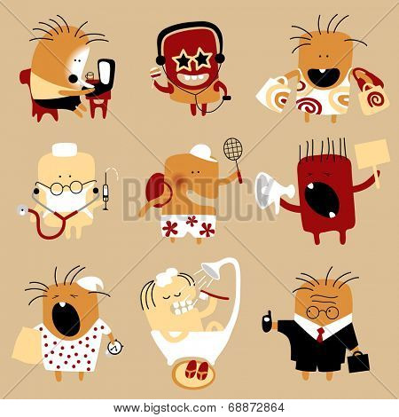 Icon set of doodle flat personages in the form of comic human characters in various life occupations and emotions (contain the Clipping Path of all objects)
