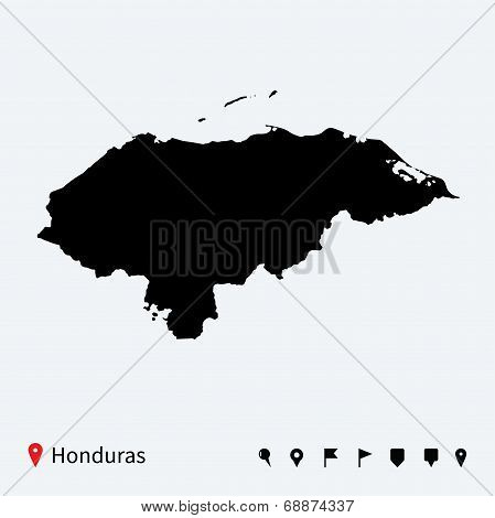 High detailed vector map of Honduras with navigation pins.