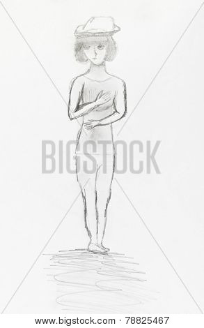 Girl In Hat By Black Pencil