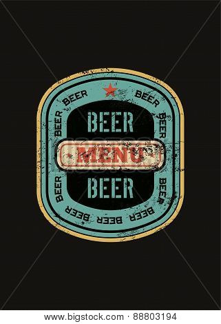 Beer menu design with retro beer label. Vintage grunge style vector illustration.