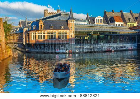 Tourist boat on the river Leie, Ghent, Belgium