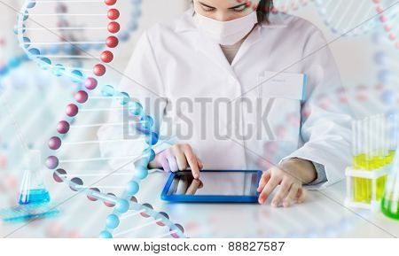 science, chemistry, biology, medicine and people concept - close up of young female scientist with tablet pc computer making test or research in clinical laboratory over dna molecule structure