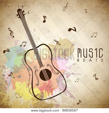 Colorful splash grungy background with musical notes and guitar.