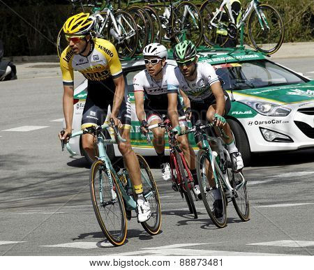 BARCELONA - MARCH, 29: Steven Kruijswijk, Lluis Mas and Fumiyuki Beppu ride during the Tour of Catalonia cycling race through the streets of Monjuich mountain in Barcelona on March 29, 2015