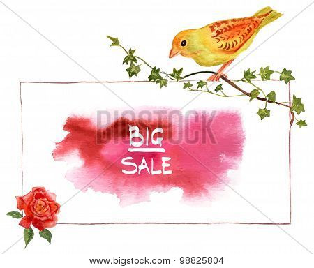 A 'Big Sale' card with a vintage watercolor bird and a rose, with a drawing of an ivy