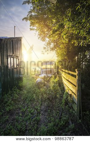 Stunning Sunrise Glow Over Foggy River House In Countryside Landscape