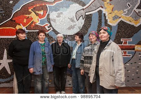 Selidovo, Ukraine - February 28, 2014: Female Builders Working In The Mine At The Background Of Mosa