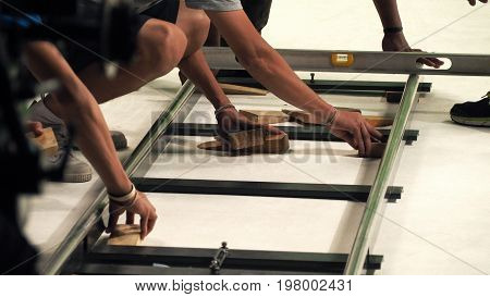 Behind The Scenes Of Production Team Setting Dolly Track.