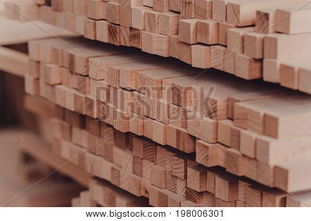 Bars Of Different Types Of Wood In The Carpentry Shop.
