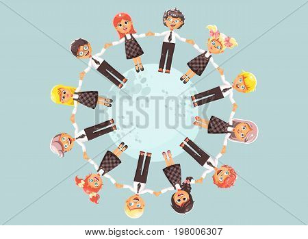Stock vector illustration cartoon characters children holding hands and standing in circle, drive roundelays, lead dances in flat style on blue background