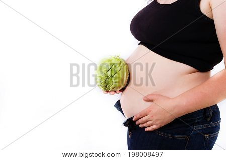 Young Overweight Unrecognizable Woman With Cabbage Near Her Obes