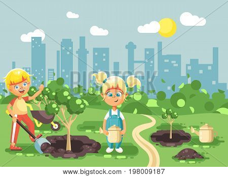 Stock vector illustration cartoon characters of children boy and girl dig hole in ground for planting in garden seedlings of tree watering water from geek, taking care of ecology city in flat style