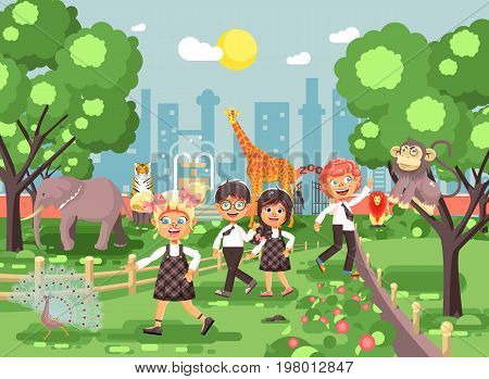 Stock vector illustration or banner for site with schoolchildren, classmates on walk, school zoo excursion zoological garden, boys and girls watching wild animals and birds flat style, city background