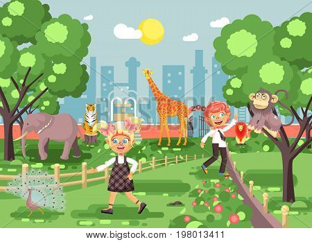 Stock vector illustration or banner for site with schoolchildren, classmates on walk, school zoo excursion zoological garden, boy and girl watching wild animals and birds flat style, city background