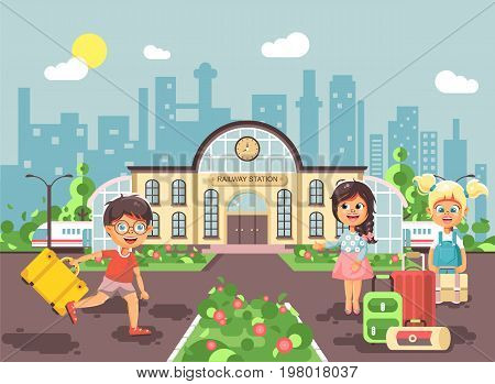 Stock vector illustration of cartoon characters children, late boy running, two little girls standing at railway station building with bags and suitcases awaiting train flat style city background