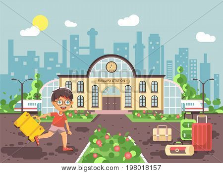 Stock vector illustration of cartoon character child, late boy running at railway station building with bags and suitcases awaiting train for travel trip holiday weekend in flat style city background