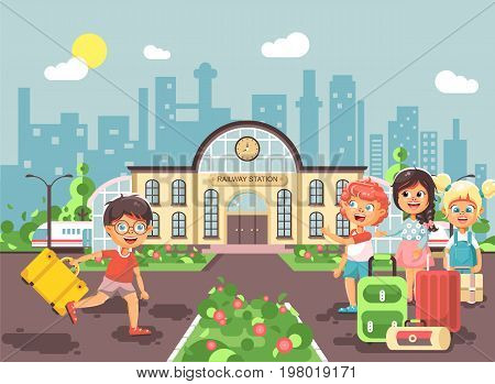 Stock vector illustration cartoon characters late boy and girl running to little children standing at railway station building with bags and suitcases awaiting train flat style city background.
