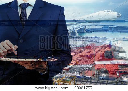 Multi exposure of seaport, businessman with tablet and different kinds of transport. Wholesale and logistic concept