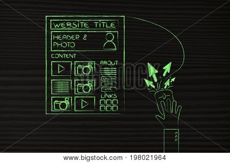 Pointers Spreading Out Of A Computer Mouse Next To A Webpage, Clickstream Concept