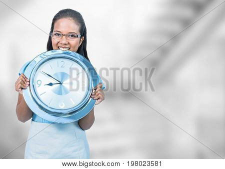 Digital composite of Woman holding clock in front of staircase