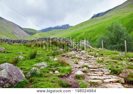 Path to Scafell Pike, view of the mountains, Lake District National Park, England, selective focus