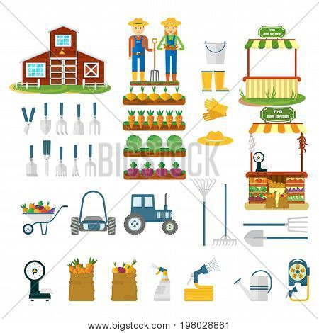 Big set of farm icons. Flat vector cartoon illustration. Objects isolated on a white background.