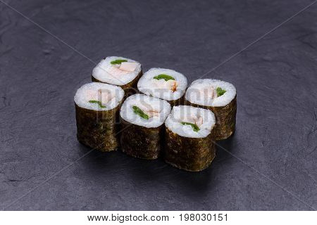 Japanese Food, Restaurant Menu. Sushi Rolls With Redfish And Sca