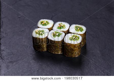 Tasty Appetizing Sushi Roll With Hiyashi Wakame Chuka Seaweed, T